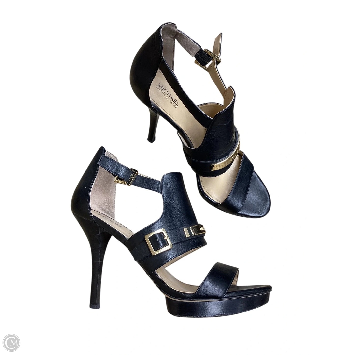 Sandals Heels Stiletto By Michael By Michael Kors In Black & Gold, Size: 8